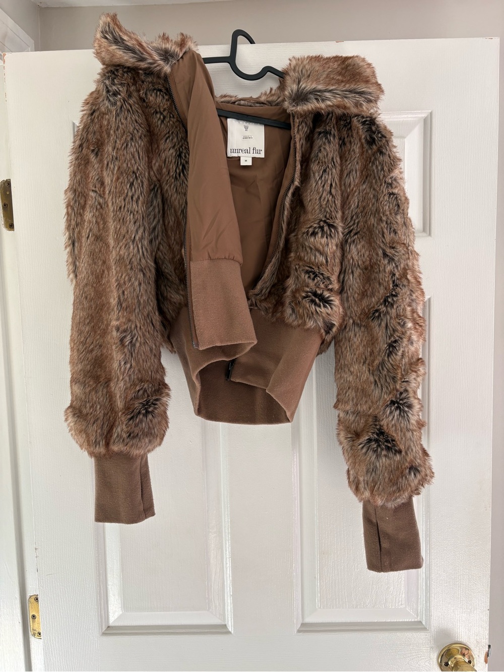 Unreal Fur Cropped Teddy Jacket in Brown Faux Fur